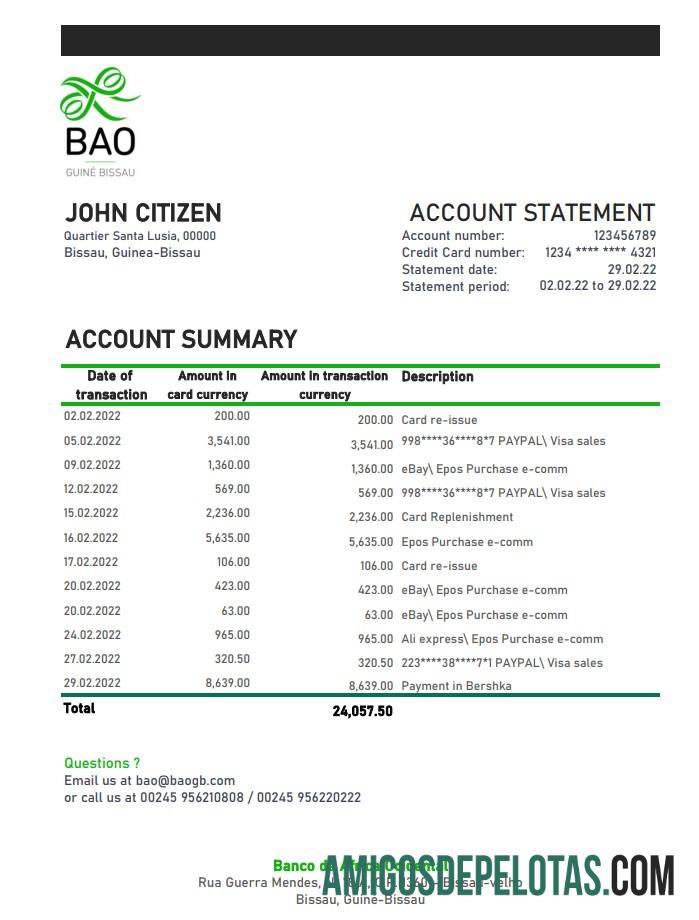 Guinea Bissau Banco Da Africa Ocidental Bank Statement Xls amostra